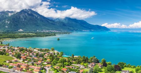 Panorama view of Montreux city with Swiss Alps, lake Geneva and vineyard on Lavaux region, Canton Vaud, Switzerland, Europe